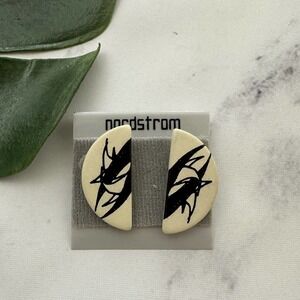 Nordstrom Vintage 90s Wood Stud Earrings White Black Bamboo Floral Abstract